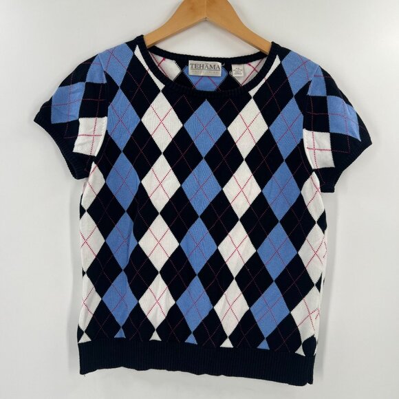 Tehama Nancy Haley M Argyle Knit Top Blue White Preppy Academia Golf 90s - Picture 1 of 8